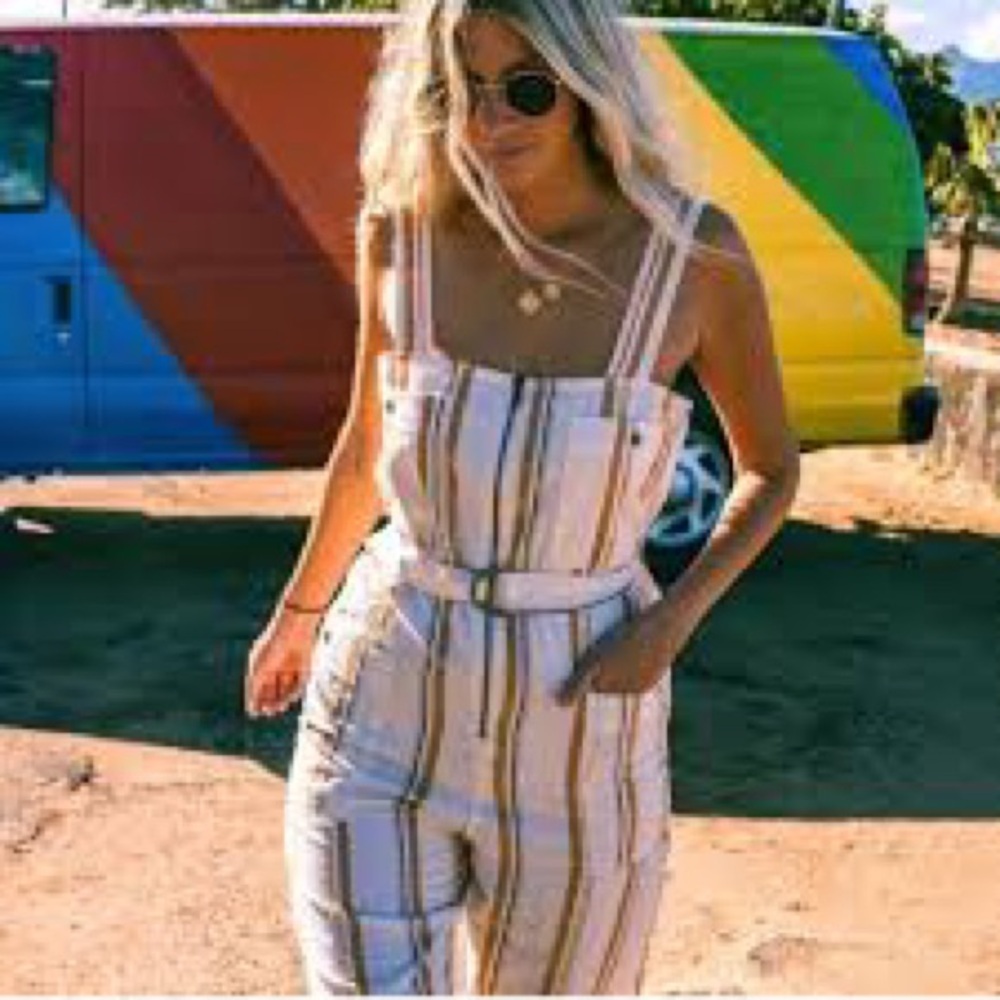 Billabong White and Tan Striped Jumpsuit
